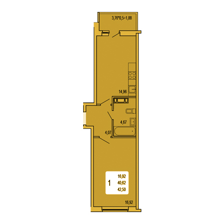 1 комнатная 42.5м²