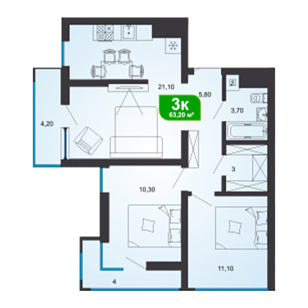 3 комнатная 63.2м²