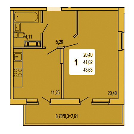 1 комнатная 43.63м²