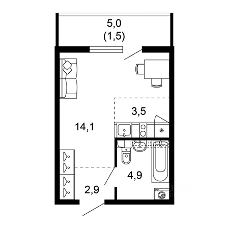 Студия 26.9м²