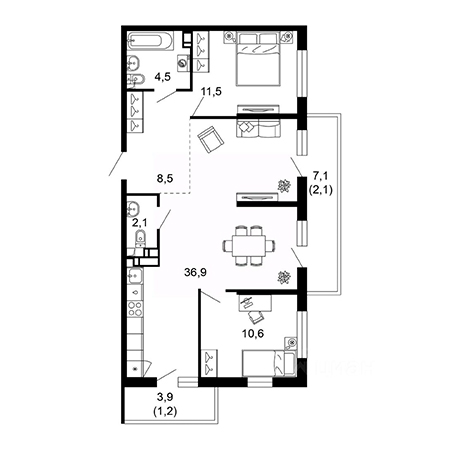 3 комнатная 77.4м²