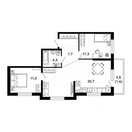 2 комнатная 66.4м²