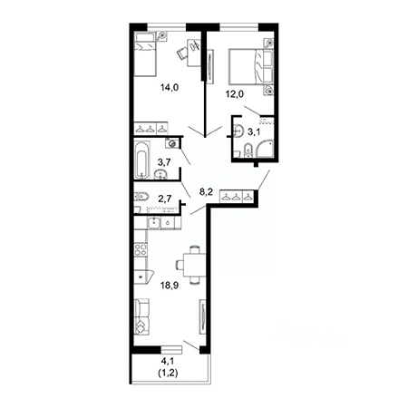 2 комнатная 63.8м²