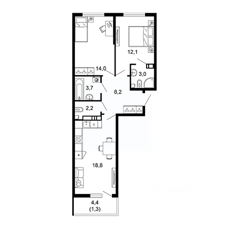 2 комнатная 63.3м²