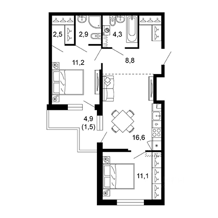 2 комнатная 58.9м²