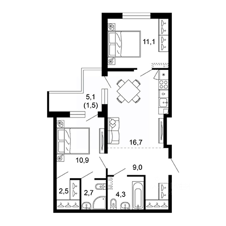 2 комнатная 58.7м²