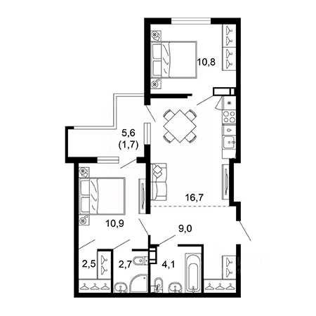 2 комнатная 58.4м²