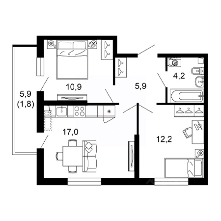 2 комнатная 52м²