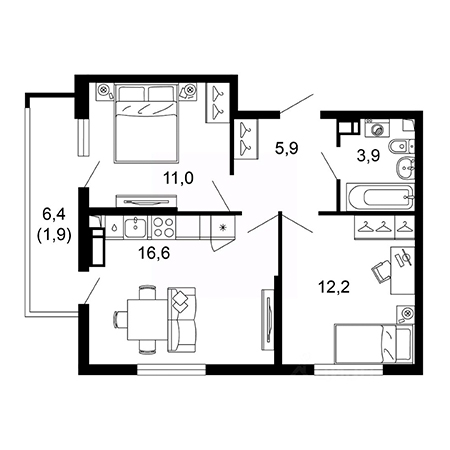 2 комнатная 51.5м²