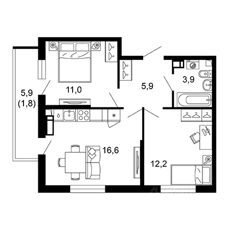 2 комнатная 51.4м²