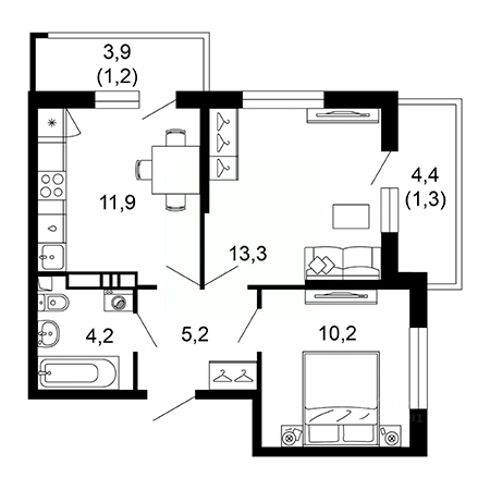 2 комнатная 47.3м²