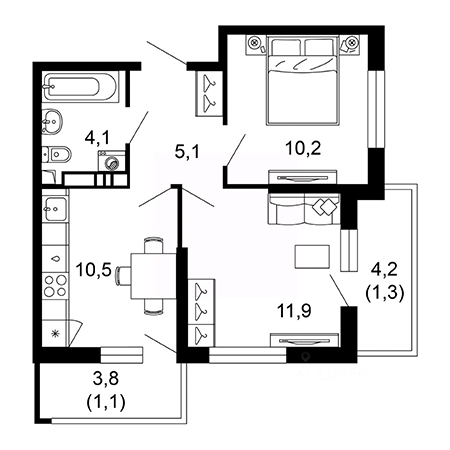 2 комнатная 44.2м²