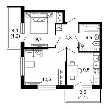 2 комнатная 42.8м²