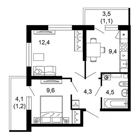 2 комнатная 42.5м²