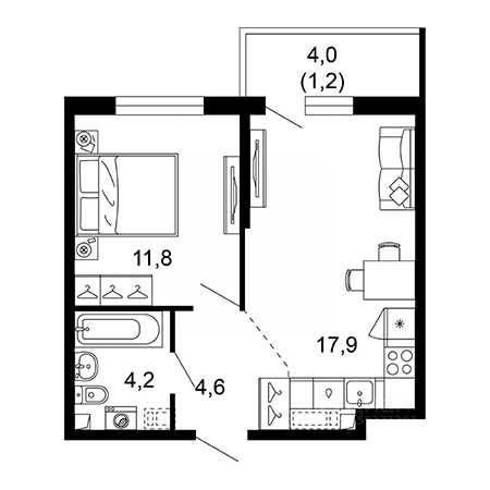 1 комнатная 39.7м²