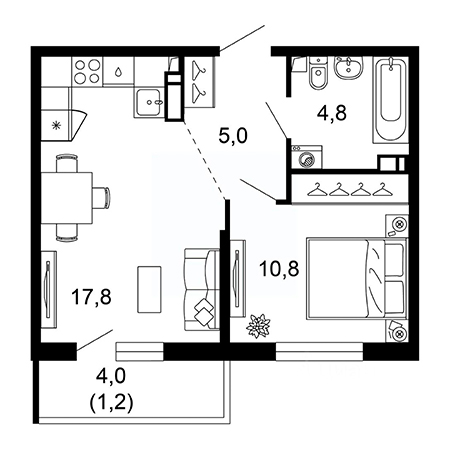 1 комнатная 39.6м²