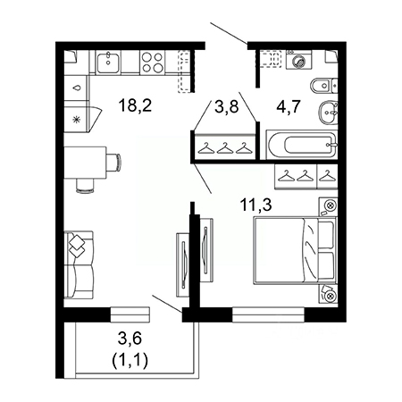 1 комнатная 39.1м²