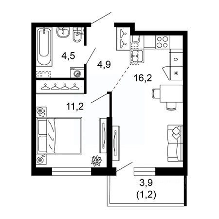 1 комнатная 38м²