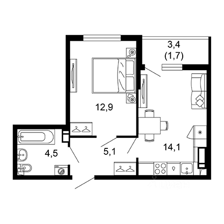 1 комнатная 38.3м²