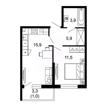 1 комнатная 38.2м²