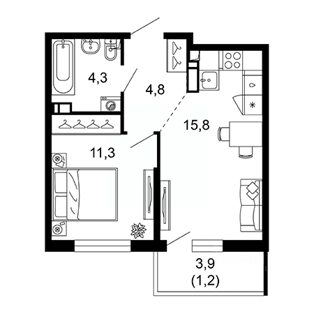 1 комнатная 37.4м²