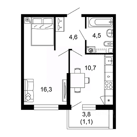 1 комнатная 37.2м²