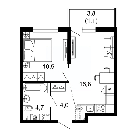 1 комнатная 37.1м²