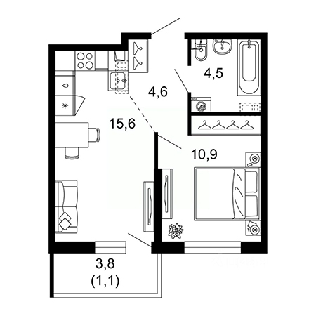 1 комнатная 36.7м²