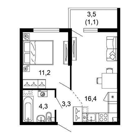 1 комнатная 36.3м²