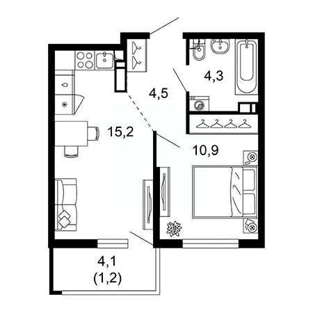 1 комнатная 36.1м²