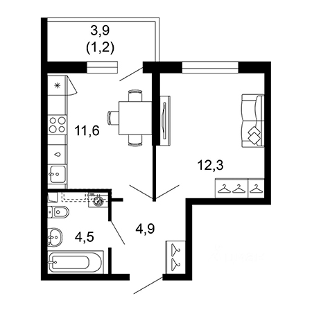 1 комнатная 34.5м²