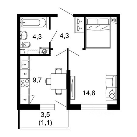 1 комнатная 34.2м²