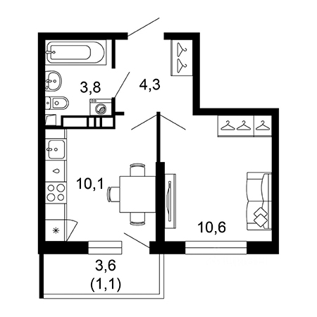 1 комнатная 29.9м²