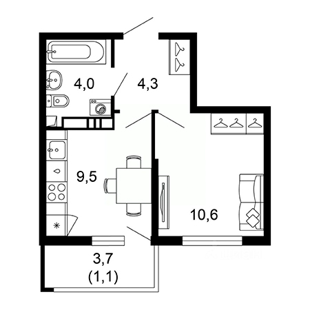 1 комнатная 29.5м²