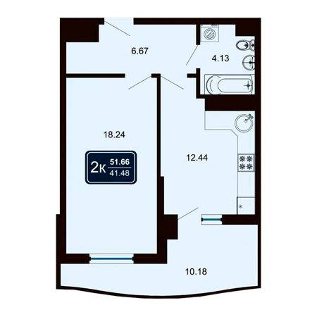 1 комнатная 51.66м²