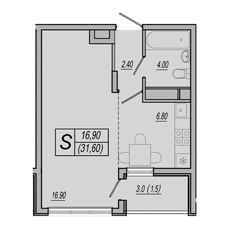 Студия 31.6м²