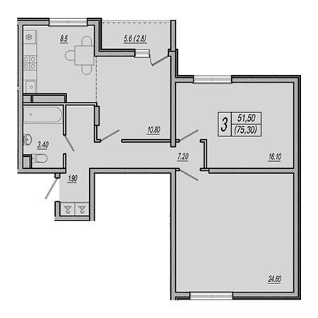 3 комнатная 75.3м²