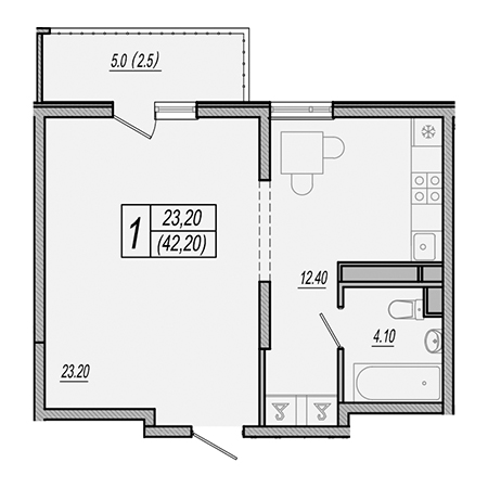 1 комнатная 42.2м²