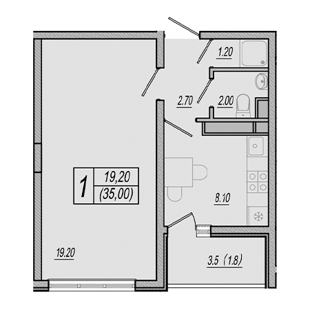 1 комнатная 35м²