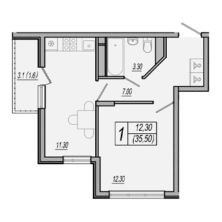 1 комнатная 35.5м²