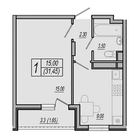 1 комнатная 31.45м²