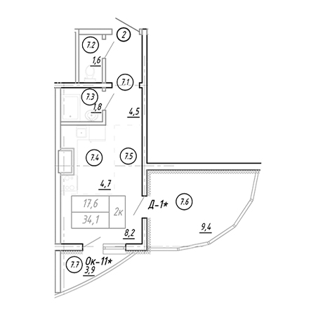 Студия 34.1м²