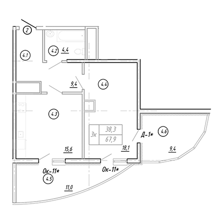 1 комнатная 68м²