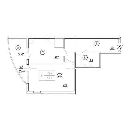 1 комнатная 59.7м²