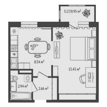 1 комнатная 30.52м²