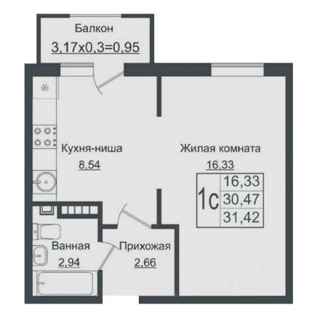 Студия 31.42м²