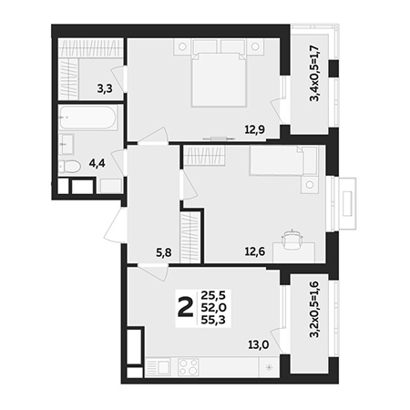 2 комнатная 55.3м²