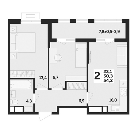 2 комнатная 54.2м²