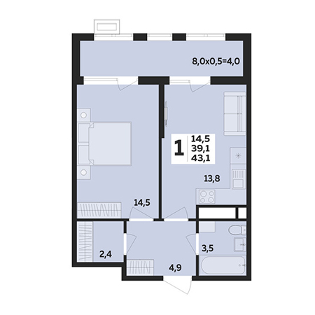 1 комнатная 43.1м²