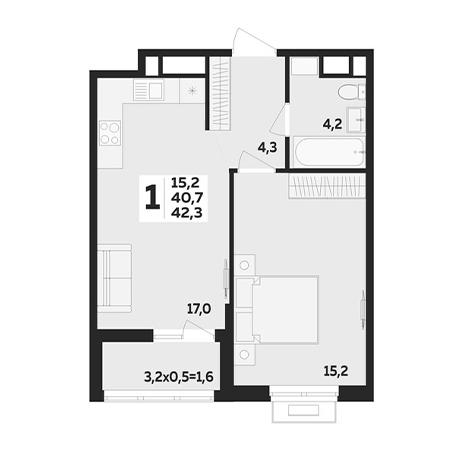 1 комнатная 42.3м²